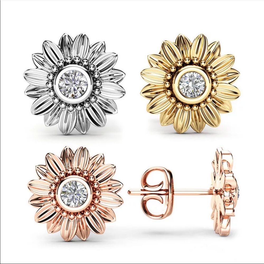 New rose gold sunflower rhinestone earrings unisex - Picture 2 of 3